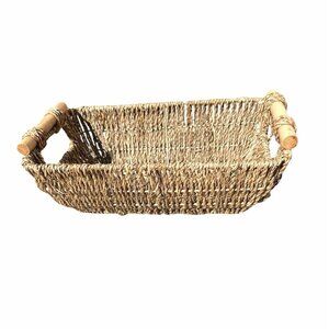 WOODEN WITH HANDLES STRAW HAND-WOVEN WICKER STORAGE BASKET